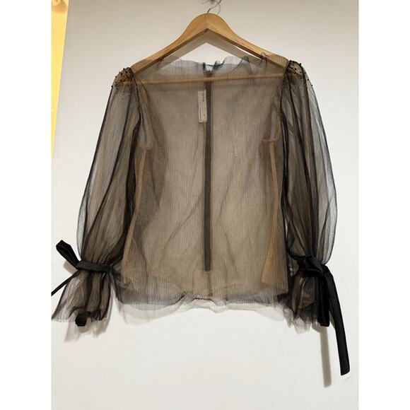 Elpis sheer black pleated mesh embellished puff sleeve top Small NWOT - Picture 2 of 4